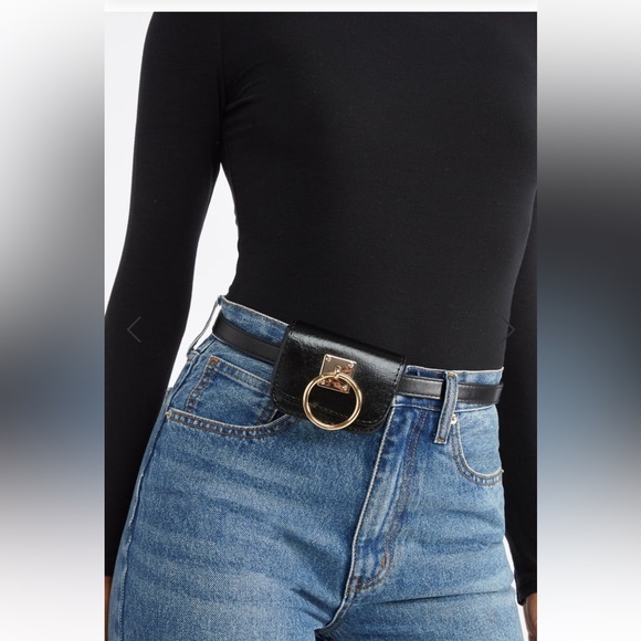 Black belt travel crossbody bag gold buckle ring - Picture 3 of 7